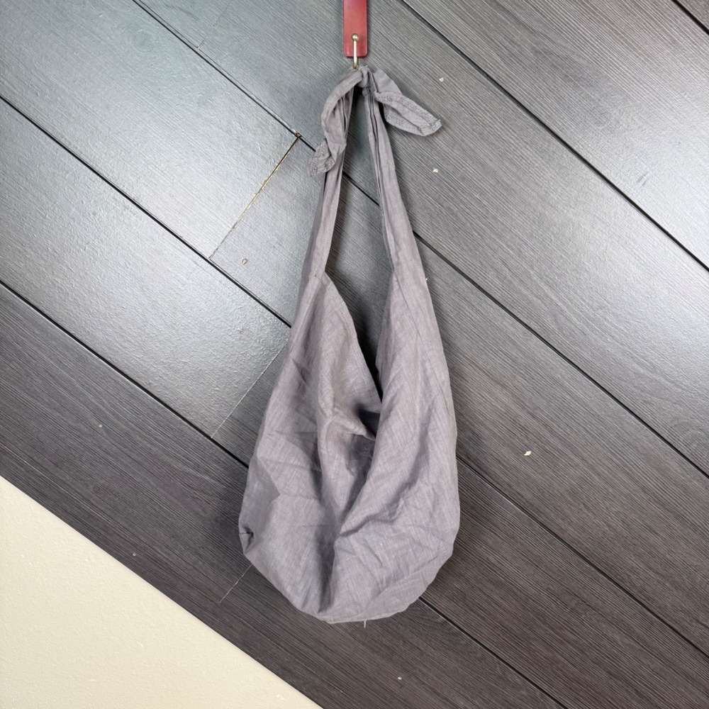 Casaluna Linen Hobo Shoulder Bag Gray Slouchy Tie Strap Minimalist 14x16